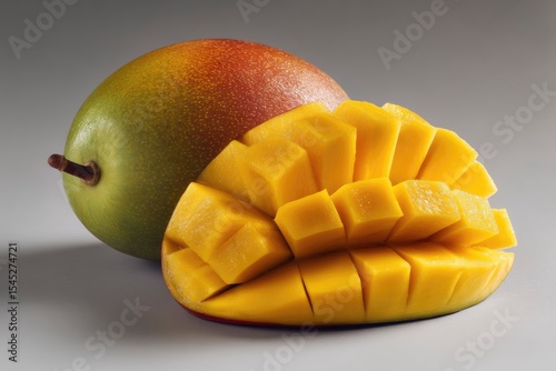 A ripe, juicy mango sliced open, revealing its golden flesh