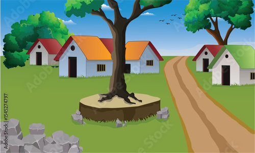 Vector village background illustration with old style fully editable high quality