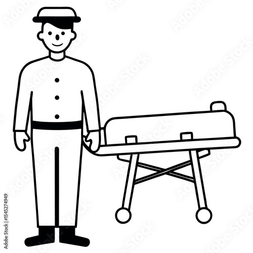Emergency Responder Figure with Empty Stretcher Black and White Illustration 1