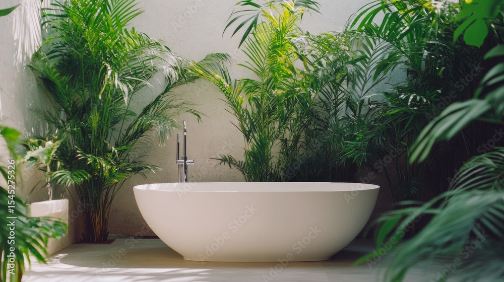 Fototapeta premium Luxurious tropical bathroom spa with green plants and white bathtub in serene wellness interior concept