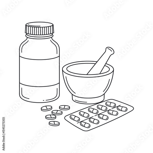 Pill bottle pills capsules and mortar and pestle Pharmacy or medicine illustration