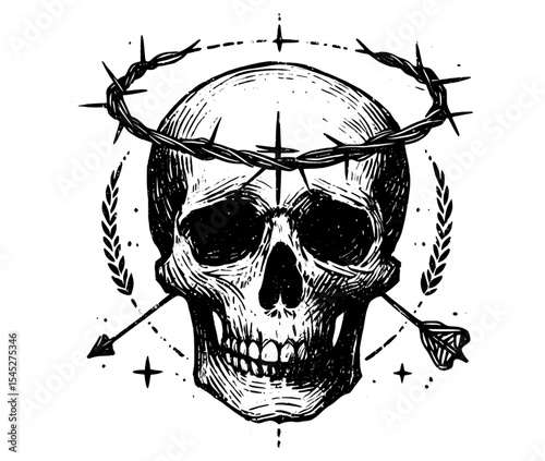 Skull wearing a crown of thorns, pierced by arrows, surrounded by stylized floral elements vintage linework ink sketch hand drawn pen drawing vector illustration background