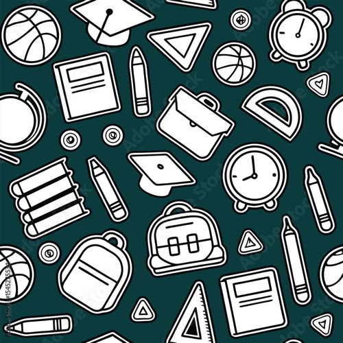 Seamless pattern of school supplies and academic elements on a dark teal background