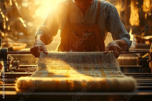 Gentle sunlight falls on the woven pieces, with the weaver meticulously crafting details against a backdrop of hazy light and shadow