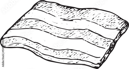 A detailed black-and-white sketch of raw bacon strips, showcasing layered fat and meat, perfect for breakfast menus, pork recipes, or food packaging designs
