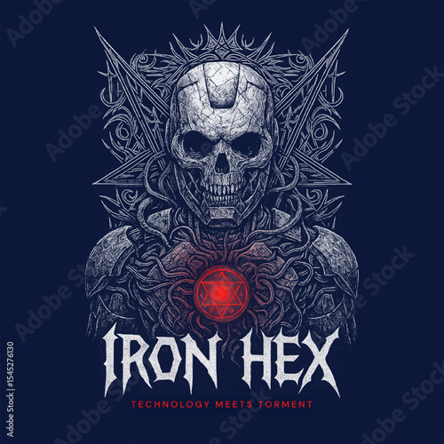 Iron Hex – Cyber Skull Mech with Occult Core Illustration