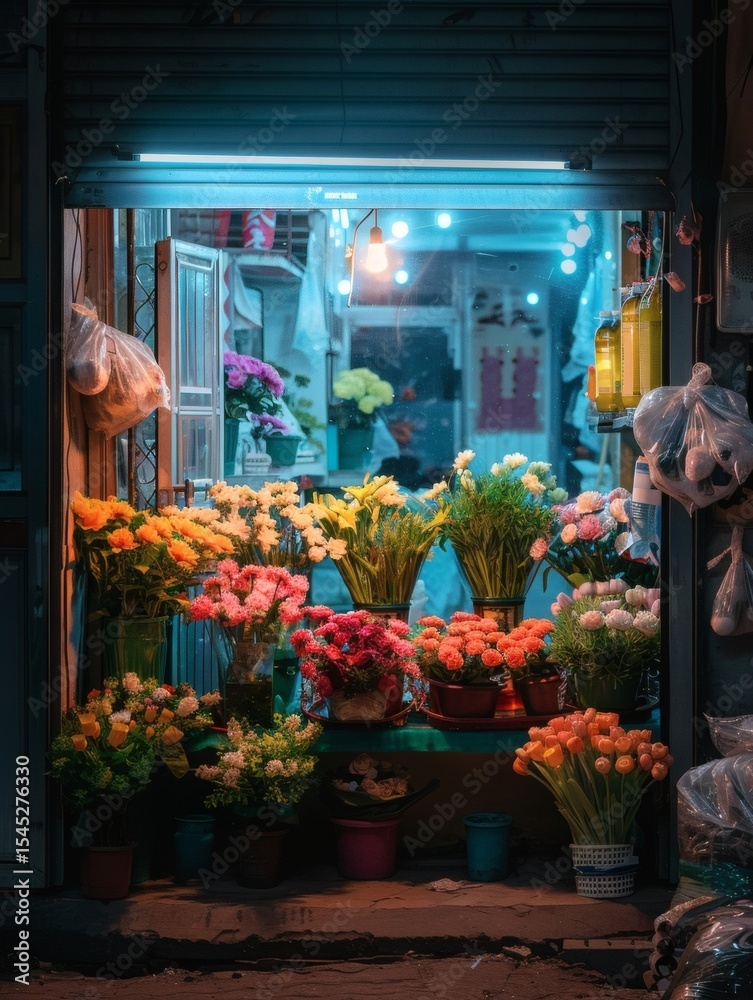 Fototapeta premium Under the soft lighting, the flower stand on the balcony is arranged in an orderly yet varied manner