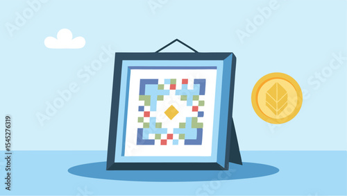 Framed pixel art with geometric design and a gold coin floating beside it on a blue background