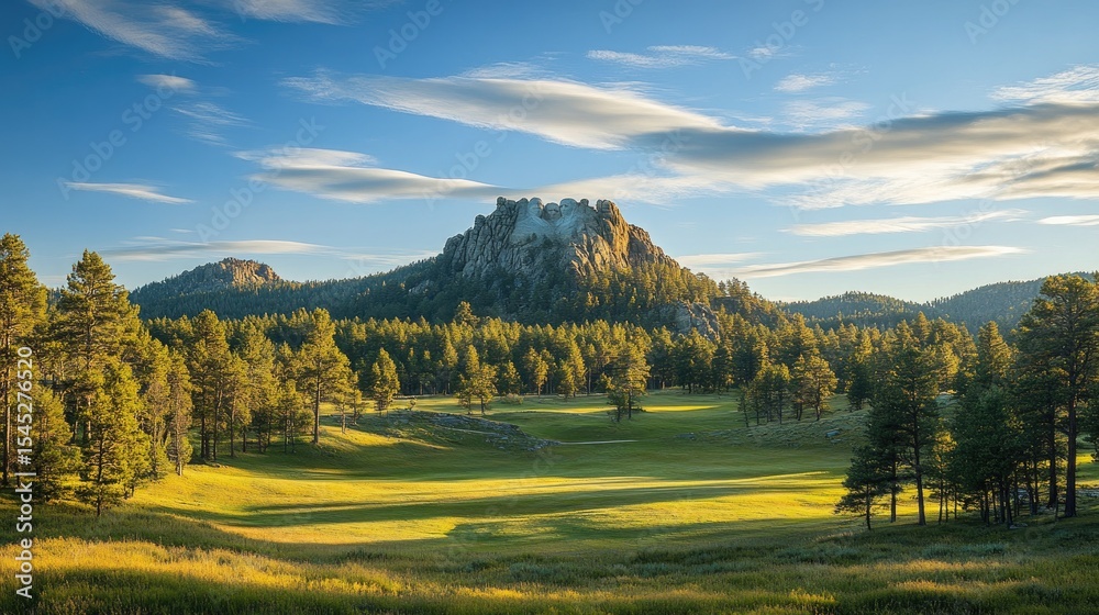 Obraz premium Scenic landscape view of a mountain, forest, and grassland.
