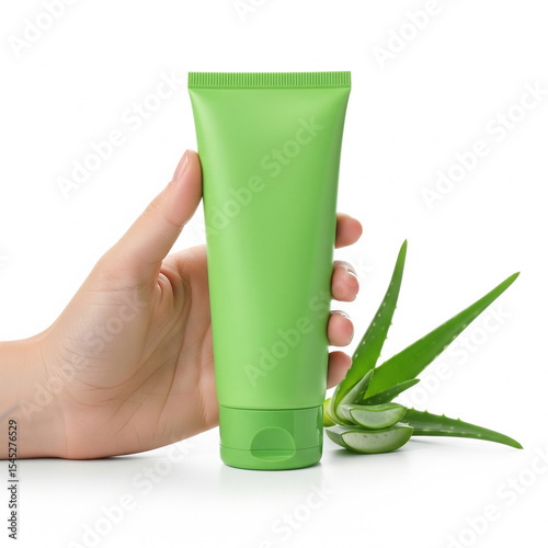 Wallpaper Mural Hand holding a blank green cosmetic tube at eye level with soft, even lighting. Isolated on a white background with a subtle drop shadow Torontodigital.ca