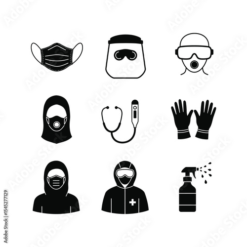 Protective Equipment Icons Masks Goggles Gloves Sanitizer and More