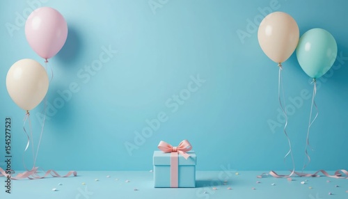 A light blue background with pastel balloons and a gift box