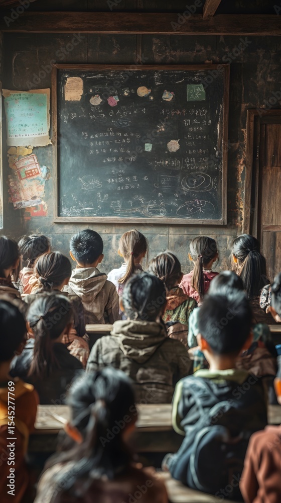 Obraz premium Students attentively listen to the teacher in the classroom, where the teacher's explanation at the blackboard and the students' eager eyes for knowledge illuminate the hall of wisdom