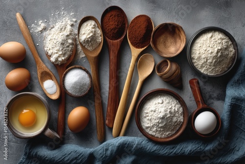 Assorted baking ingredients laid out on a textured surface for preparation of various recipes