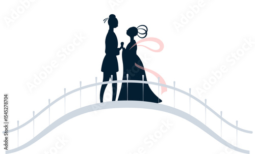 Qixi Festival, Tanabata lovers meeting on magpie bridge silhouette illustration, isolated vector. Hand drawn flat style design. Traditional Chinese holiday clip art element. China Valentines Day