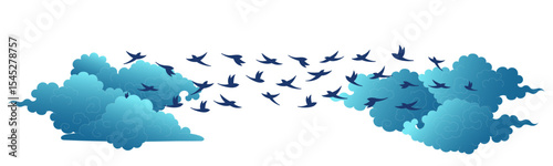 Qixi Festival magpie bridge, flying birds, fluffy clouds illustration, isolated vector. Hand drawn flat style design. Traditional Chinese holiday clip art element. China Valentines Day