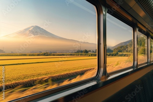 The shinkansen races across the vast fields, with golden rice paddies and distant mount fuji flashing by outside the window