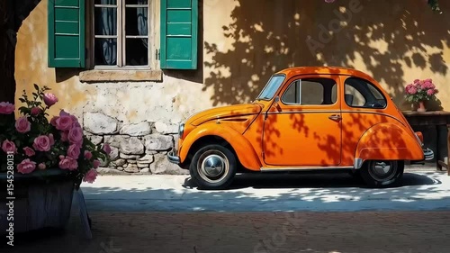 Old orange car in the street and flower