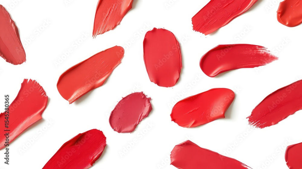 Fototapeta premium Assorted shades of red cosmetic makeup swatches with varying textures arranged randomly on a white background, showcasing color variations