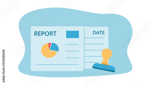 Illustration of documents with report and date headings and a stamp on a light blue background