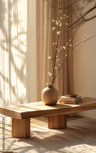 Warm light spills onto the wooden display stand, creating a soft and cozy atmosphere that exudes a natural and inviting ambiance