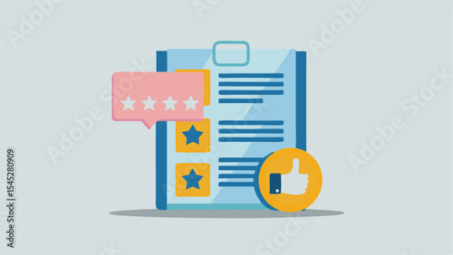 Illustration of a clipboard with a document, star ratings, a speech bubble and a thumbs up icon