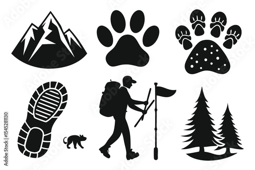 Six Black Silhouettes Hiking Icons Mountains Paws Trees