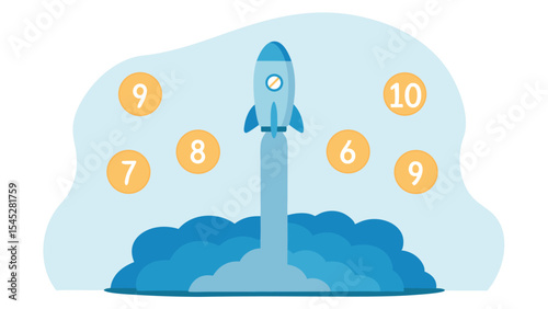 Cartoon rocket launching with smoke trail and numbered circles around it in a light blue scene