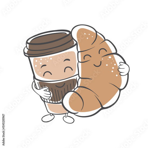 Croissant and paper cup of coffee character. Colored Funny, happy cartoon mascot. Vector flat illustration