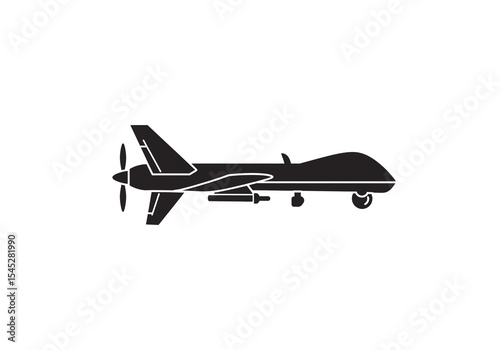 A black silhouette of a drone with propeller and missile on a white background in vector format