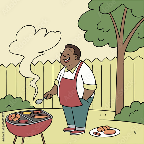 A friendly very fat and obese Black man barbecuing in his backyard with smoke and delicious food around