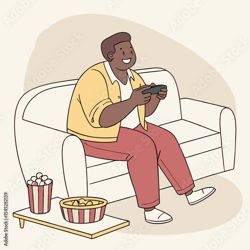 A happy really fat and obese Black man playing video games on a couch with snacks beside him
