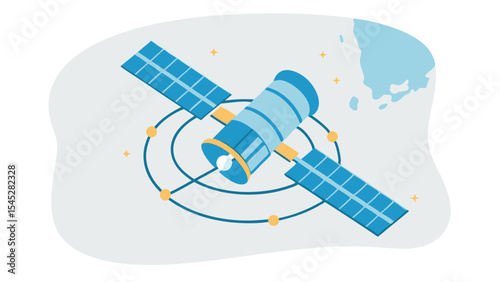 Illustration of a blue satellite with solar panels orbiting earth in space with yellow accents and stars