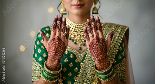 Showing Henna Design on Hands Wearing Traditional Green Garment