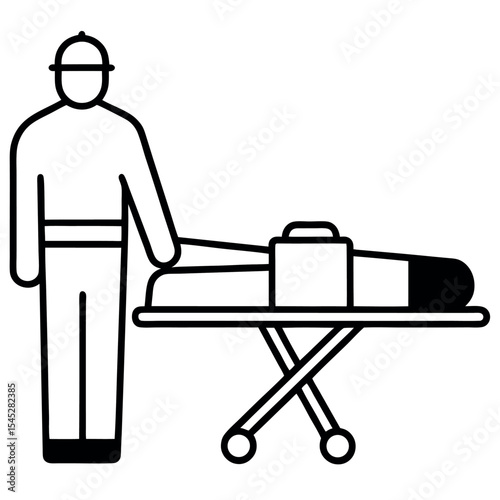 Paramedic Figure with Stretcher and Medical Bags Black and White Icon