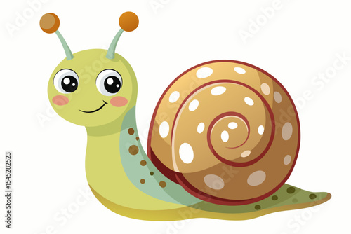 Bright and cheerful cartoon snail character with a vibrant orange spiral shell, blue body, and big smiling face. 