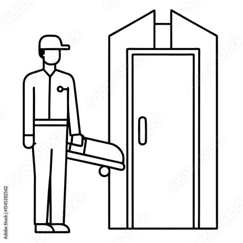 Paramedic pushing stretcher near hospital entrance black and white line art