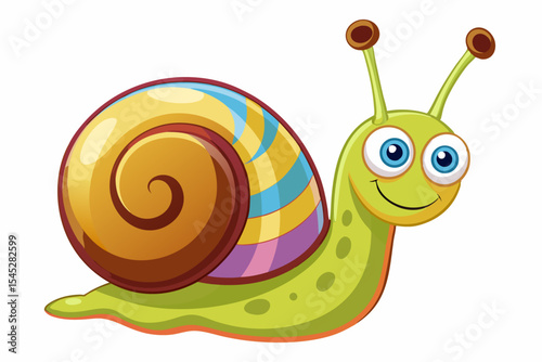 Bright and cheerful cartoon snail character with a vibrant orange spiral shell, blue body, and big smiling face. 