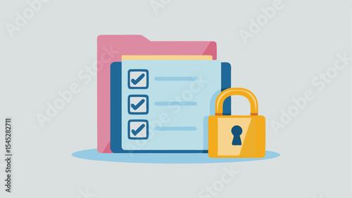 Illustration of a folder with a checklist and a padlock symbolizing secure data and information management