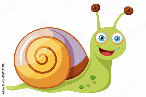 Bright and cheerful cartoon snail character with a vibrant orange spiral shell, blue body, and big smiling face. 