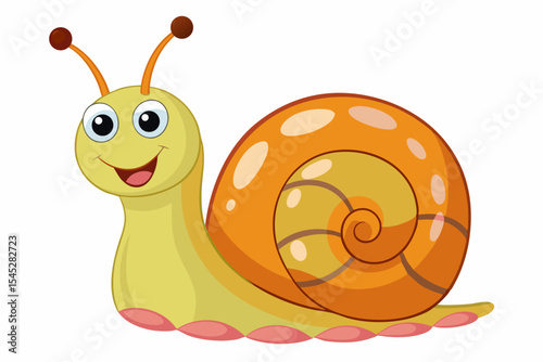 Bright and cheerful cartoon snail character with a vibrant orange spiral shell, blue body, and big smiling face. 