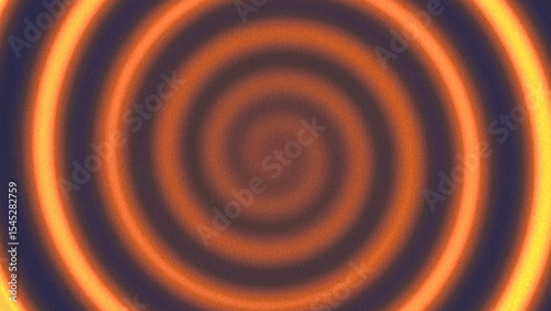 Bright yellow, pumpkin orange swirling spiral shape on dark violet background. Grainy noise, rough, dust, grunge texture. Abstract hypnotic glowing vortex. Halloween design. Retro, vintage, nostalgia