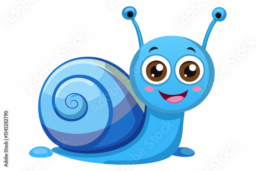Bright and cheerful cartoon snail character with a vibrant orange spiral shell, blue body, and big smiling face. 