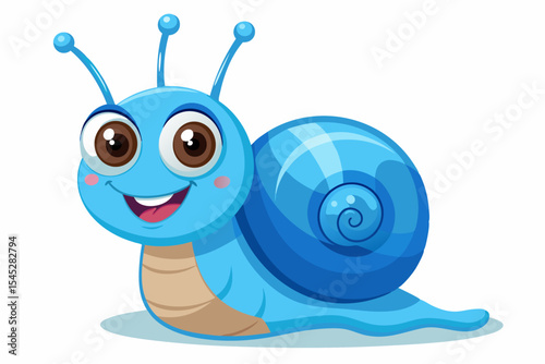 Bright and cheerful cartoon snail character with a vibrant orange spiral shell, blue body, and big smiling face. 