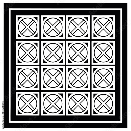 Geometric Black and White Tile Pattern Design Abstract Square and Circle Repeating Motif