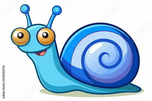 Bright and cheerful cartoon snail character with a vibrant orange spiral shell, blue body, and big smiling face. 