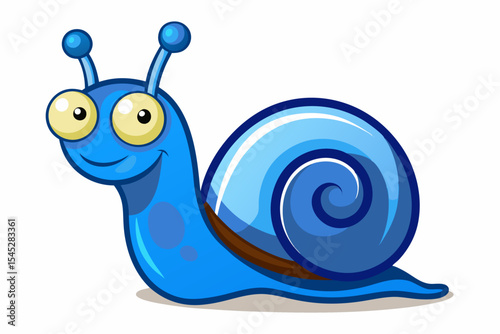 Bright and cheerful cartoon snail character with a vibrant orange spiral shell, blue body, and big smiling face. 
