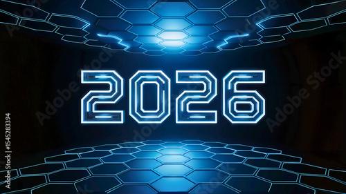 A futuristic neon design with year 2026 in glowing light against a dark hexagonal background