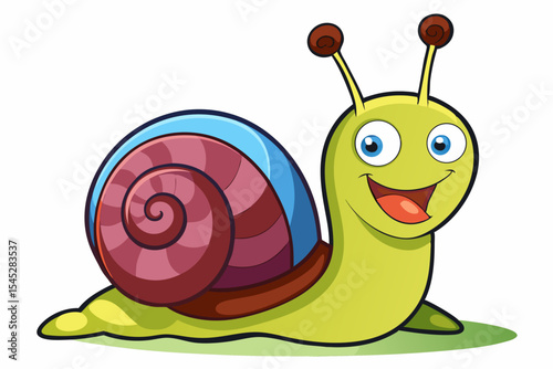 Bright and cheerful cartoon snail character with a vibrant orange spiral shell, blue body, and big smiling face. 