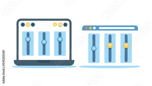 Illustration of a laptop and a browser window, both displaying sliders for audio or video editing